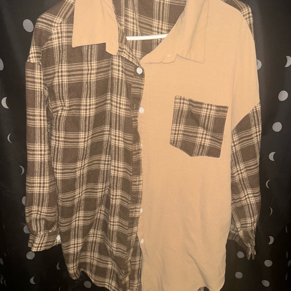 SHEIN Tan and Black Plaid Shirt